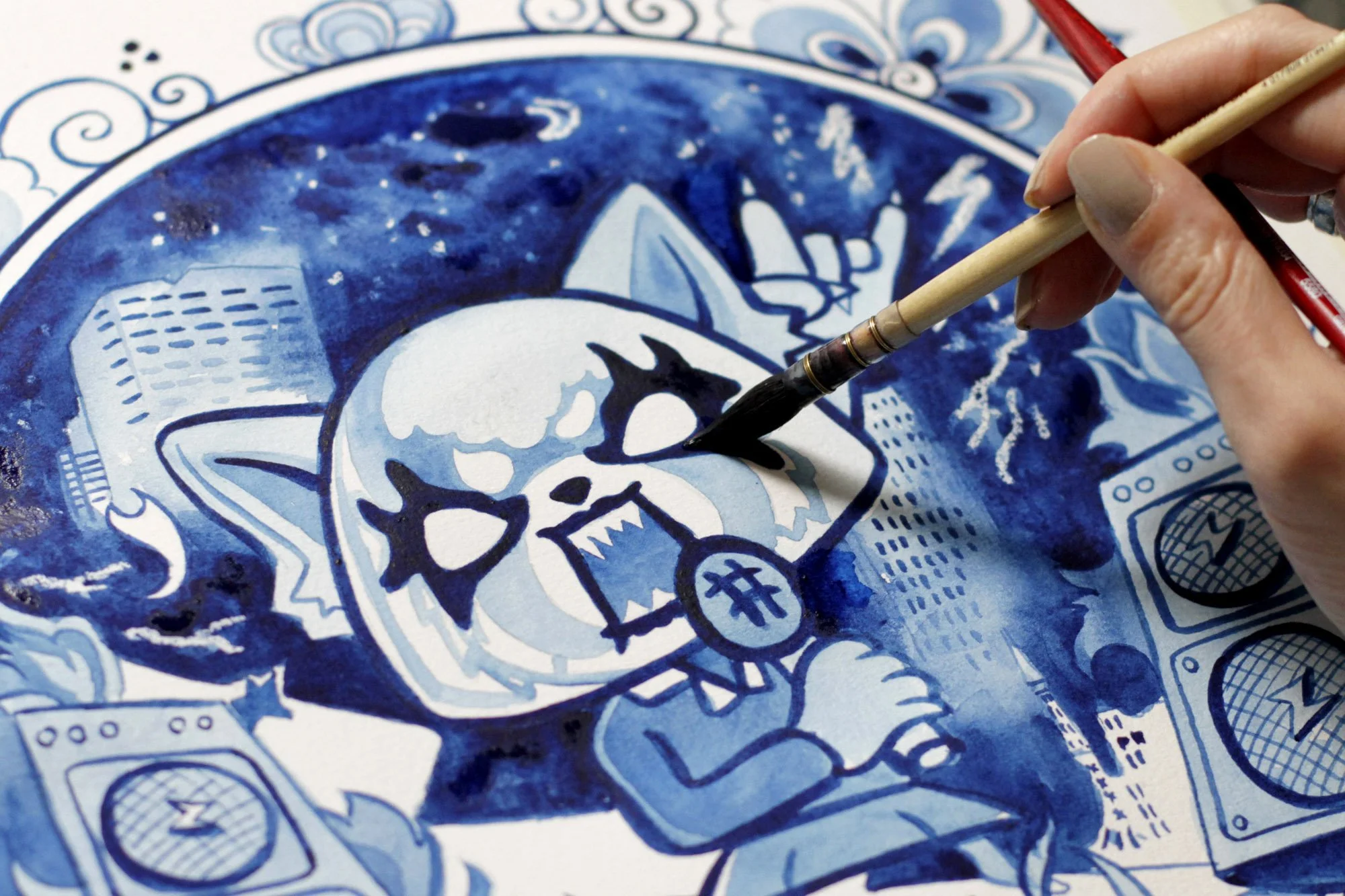 Close-up of the Aggretsuko Netflix illustration in progress, showing watercolor brushwork on the character's face in Anna Sokolova's Contemporary Delft Blue style.