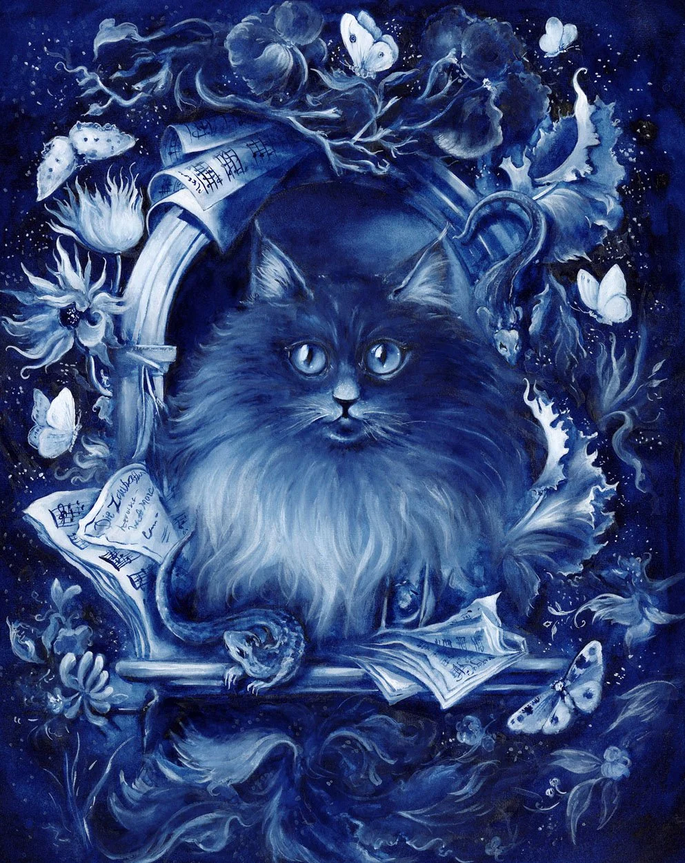 Blue-and-white painting of Tomcat Murr, the literary cat from E.T.A. Hoffmann’s novel, surrounded by books, musical notes, flowers and moths, from Anna Sokolova’s Literary Cat Compendium.
