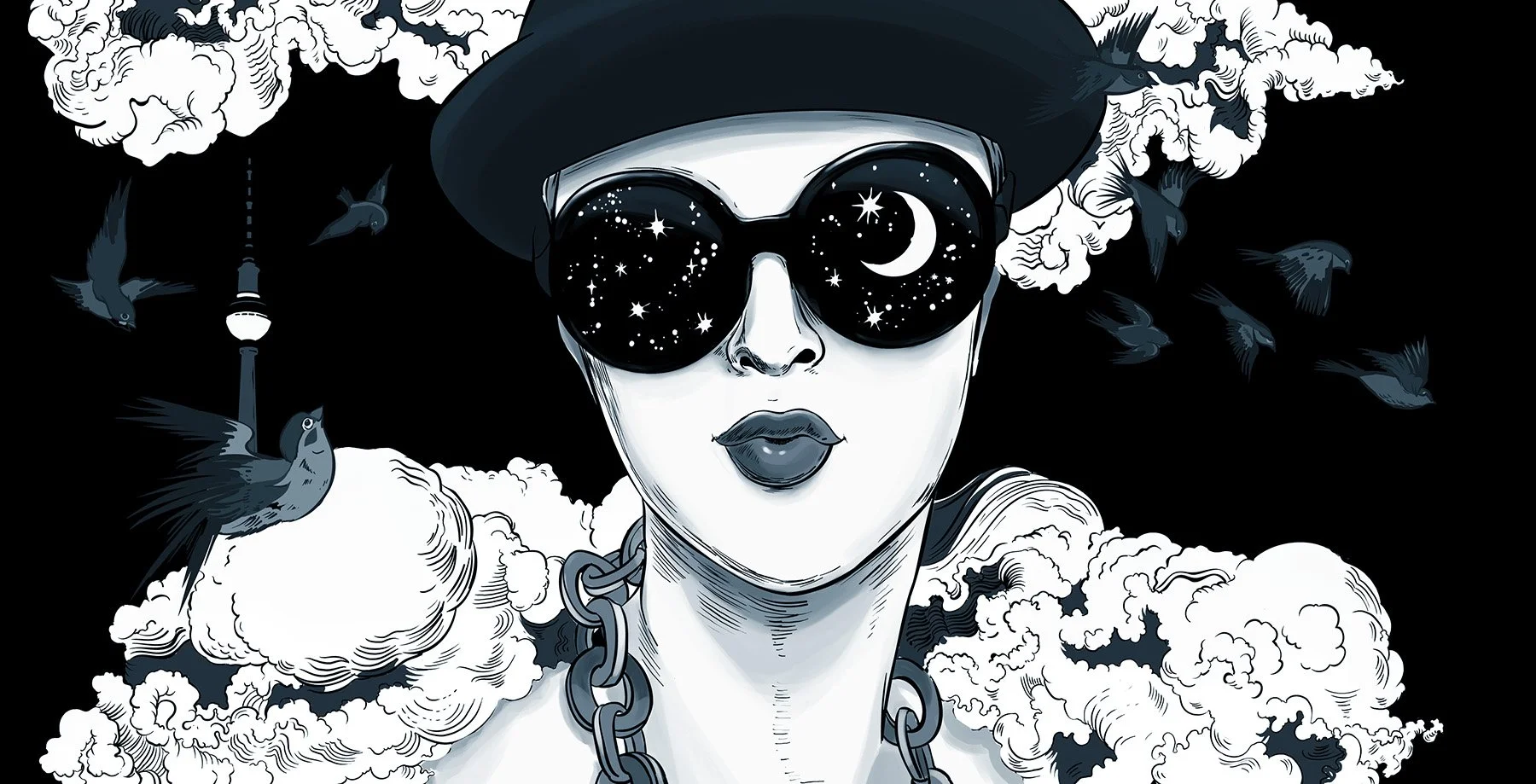 Black and White digital ink Berlin fantastic city portrait artwork