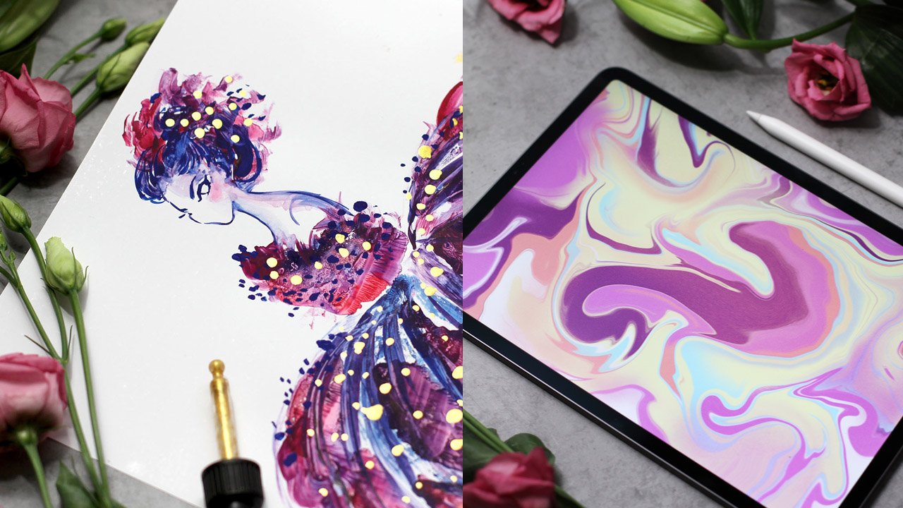Abstract monotype digital painting on ipad in procreate and fashion ballerina with ink drops and gouache