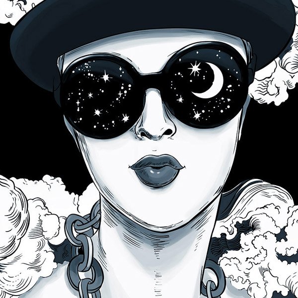 Black-and-white ink illustration of a surreal female figure wearing sunglasses filled with stars and a crescent moon, representing expressive analogue and digital inking techniques.