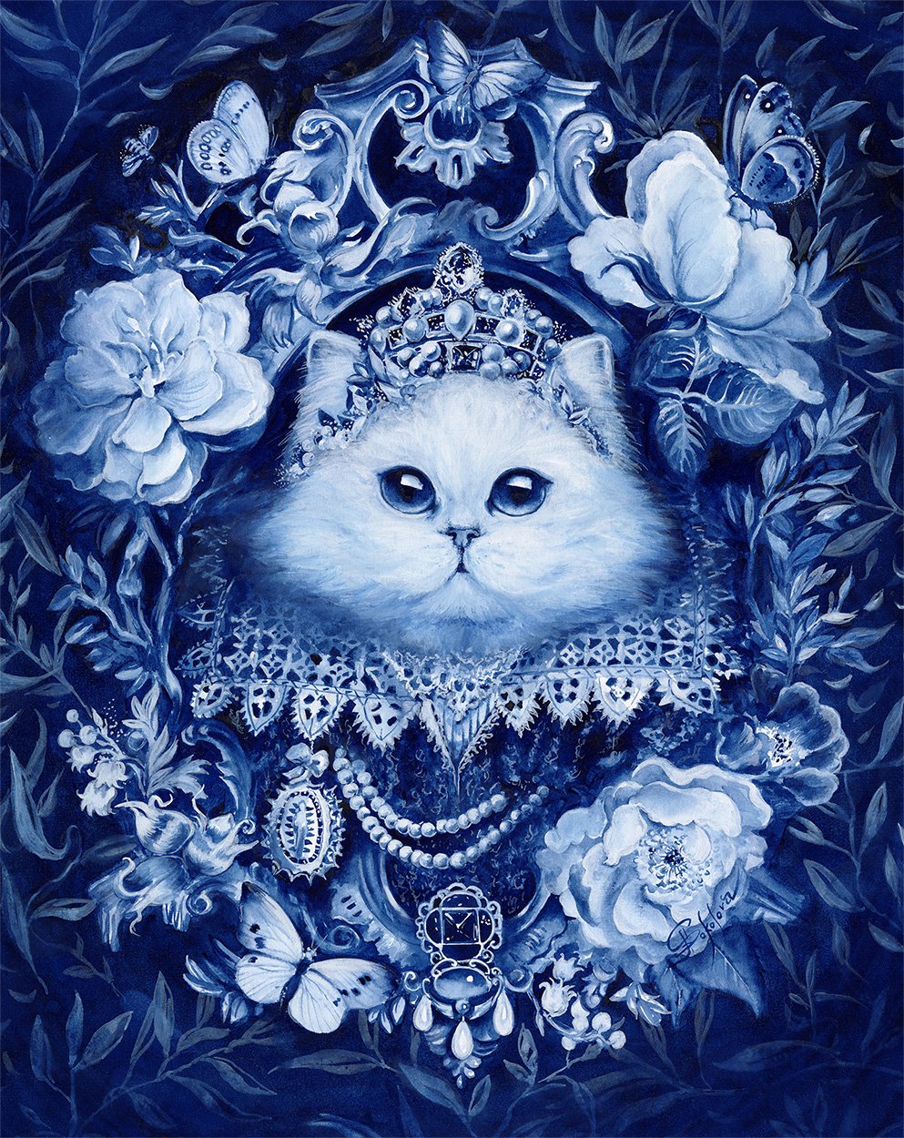 The White Cat, contemporary Delft Blue artwork by Anna Sokolova inspired by Madame d'Aulnoy's literary fairy tale La Chatte Blanche. White Persian cat surrounded by flowers, butterflies and ornate decorative details in blue and white tones.