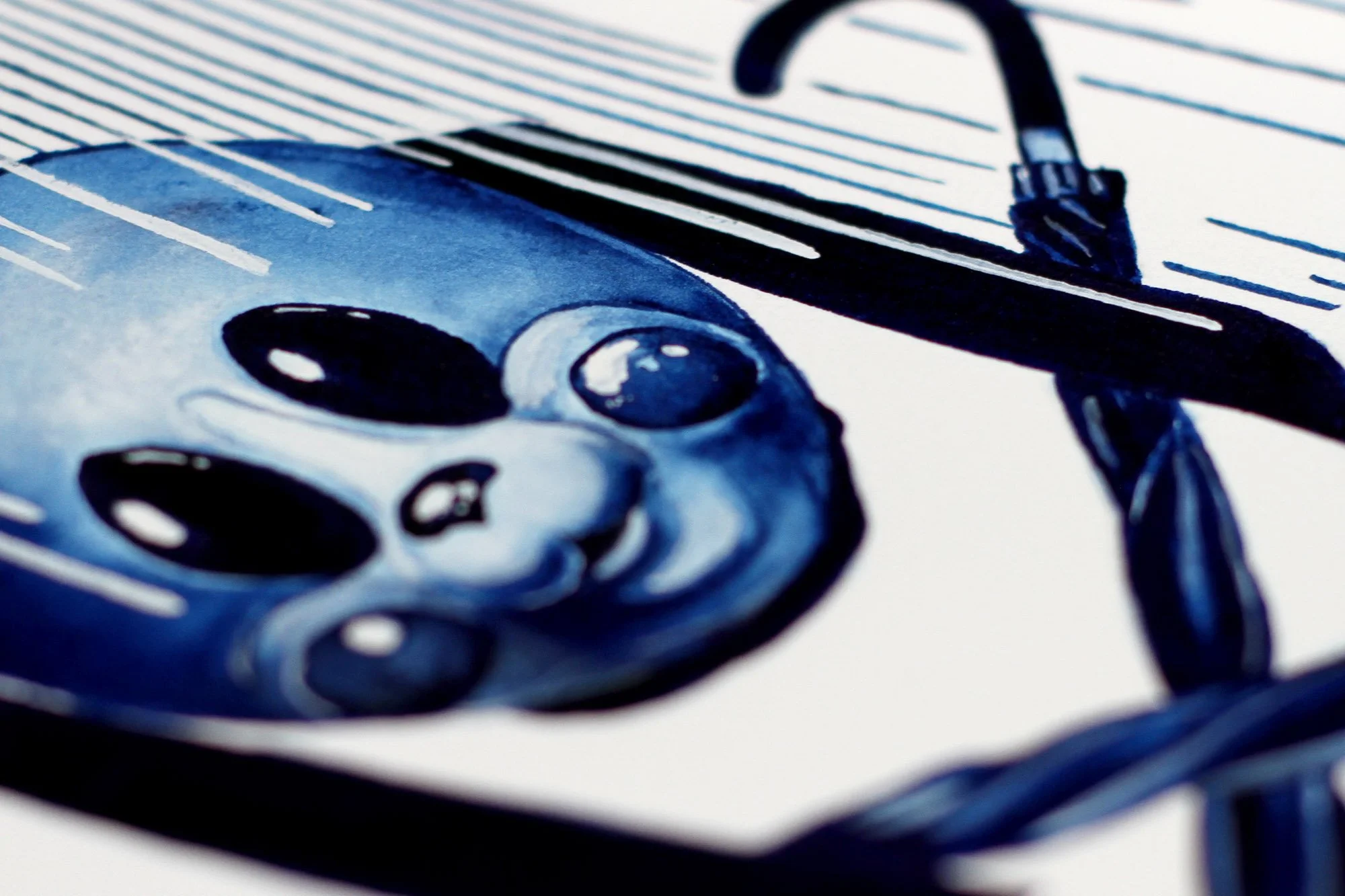 Detail of The Umbrella Academy artwork featuring a painted mask and umbrella in Anna Sokolova’s Contemporary Delft Blue style.