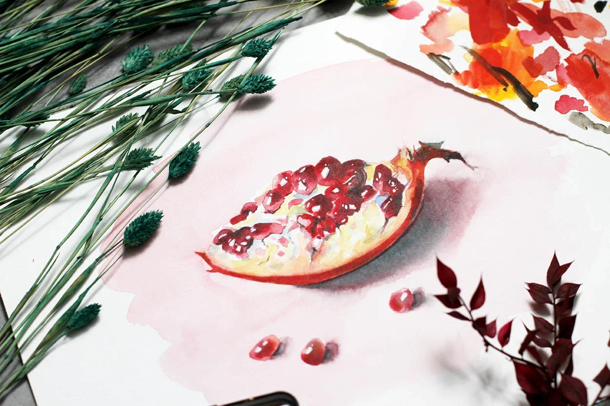 Realistic Pomegranat watercolor artwork with watercolor and colored pencils
