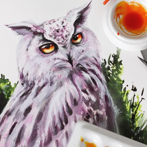 Owl illustration painted with colored inks, showing expressive eyes and layered ink textures, created for the INKredible colored ink techniques class.