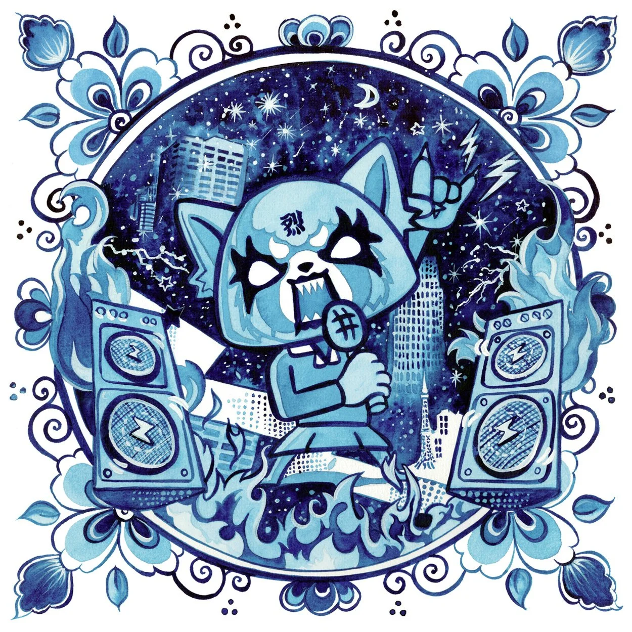 Hand-painted Aggretsuko fan artwork inspired by the Netflix series, reimagined in Contemporary Delft Blue style with floral ornamentation, city skyline, speakers, flames and the iconic singing character painted in watercolor and ink.