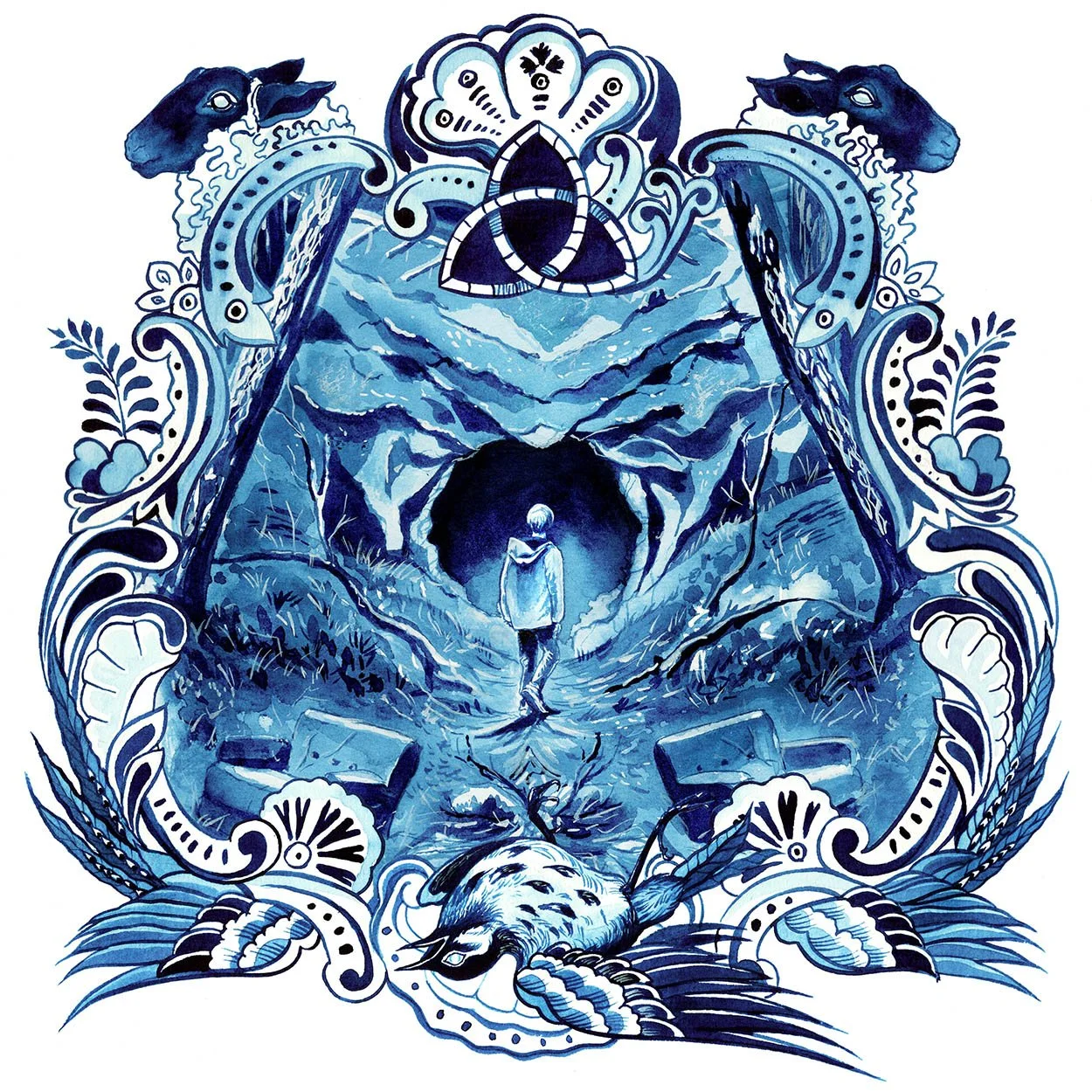 Blue-and-white artwork inspired by Netflix’s Dark, showing a lone figure approaching a cave beneath the triquetra symbol, framed by ornate natural forms, from Anna Sokolova’s Netflix Originals series.