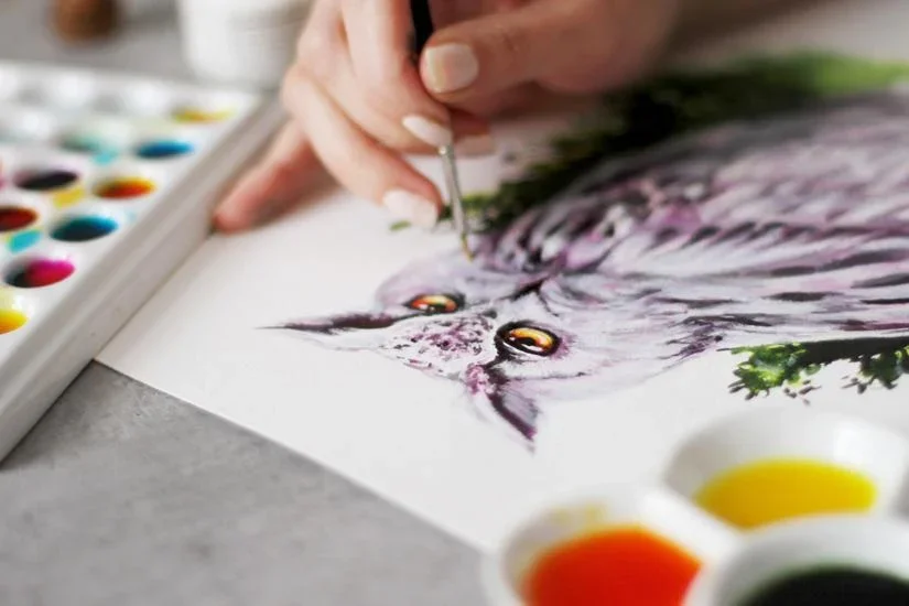 Violet owl hand painted with colored inks
