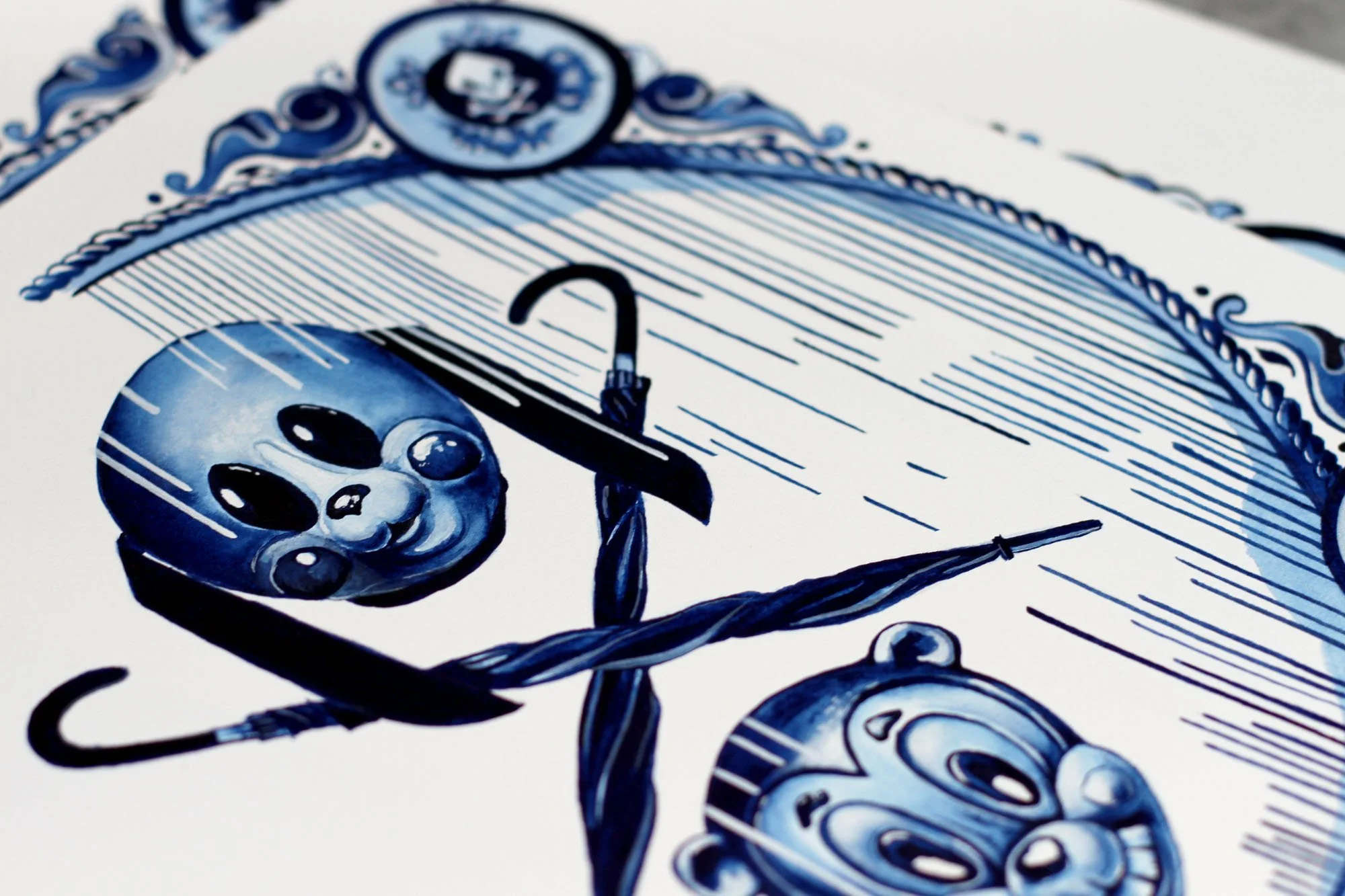 Close-up of The Umbrella Academy artwork by Anna Sokolova, showing two stylized masks and crossed umbrellas in a blue-and-white composition.