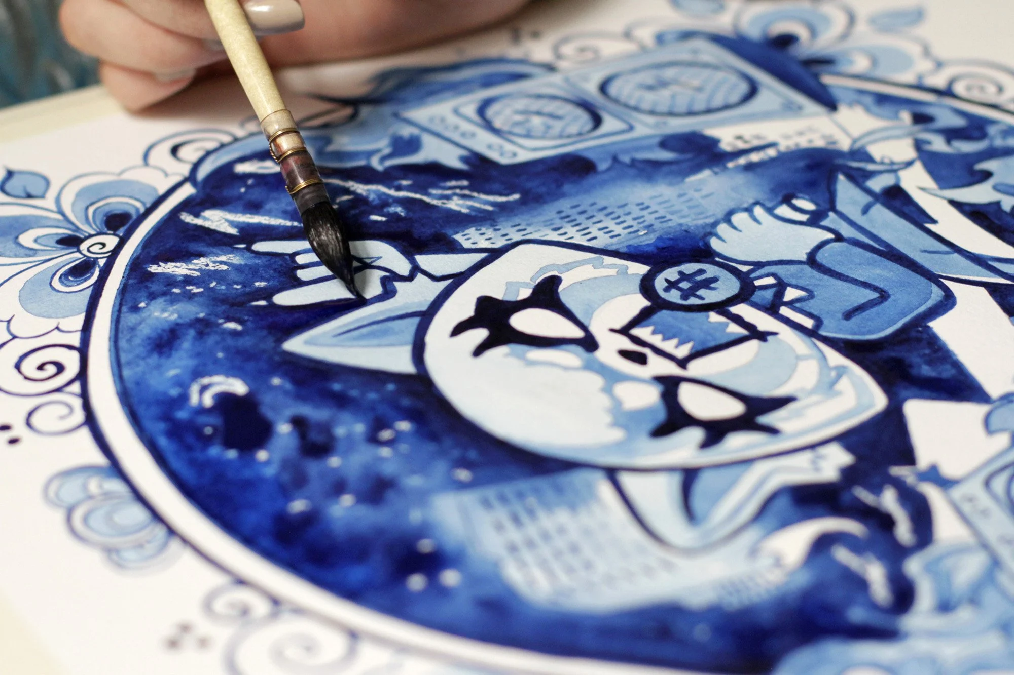 Watercolor brush painting the background of the Aggretsuko Netflix artwork, revealing the hand-painted process and layered Contemporary Delft Blue ornamentation.