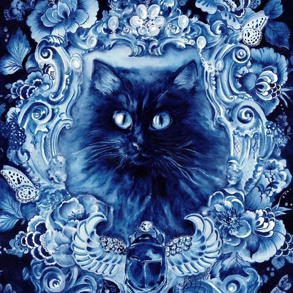 Blue-and-white painting of Behemoth, the black cat from Mikhail Bulgakov’s The Master and Margarita, surrounded by ornate flowers, butterflies and a winged scarab, from Anna Sokolova’s Literary Cat Compendium.