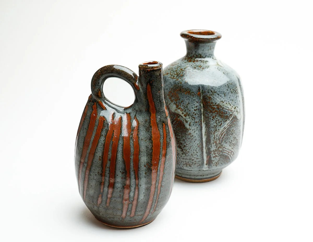 Cross-Handled Bottle (2019) and Indented Bottle (2009) by John Leach