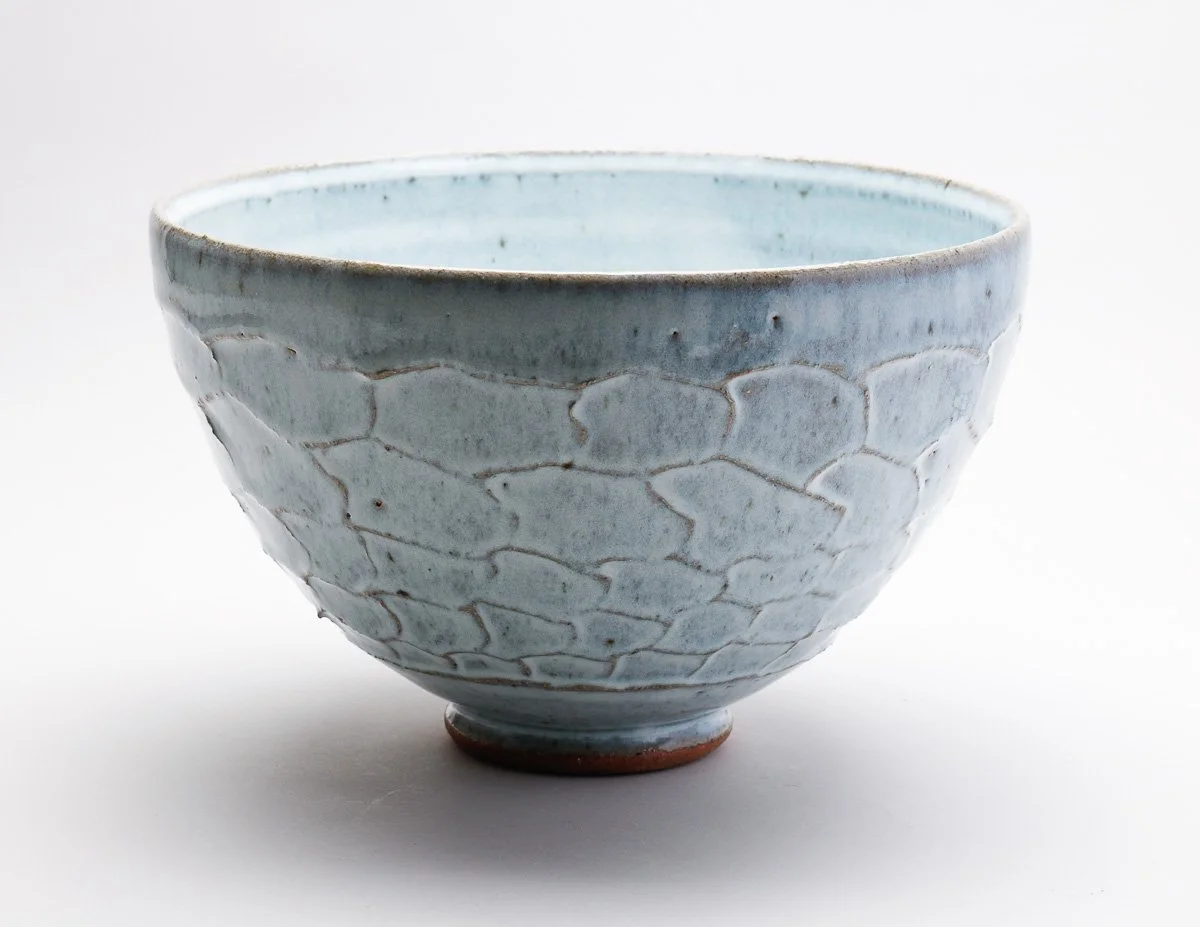 Extra large bowl with nuka glaze (pale blue) with textured clay