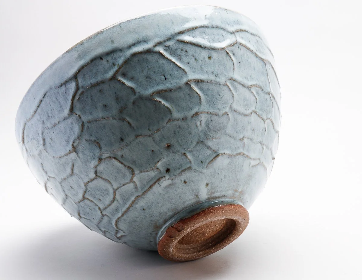 Extra large bowl with nuka glaze (pale blue) with textured clay
