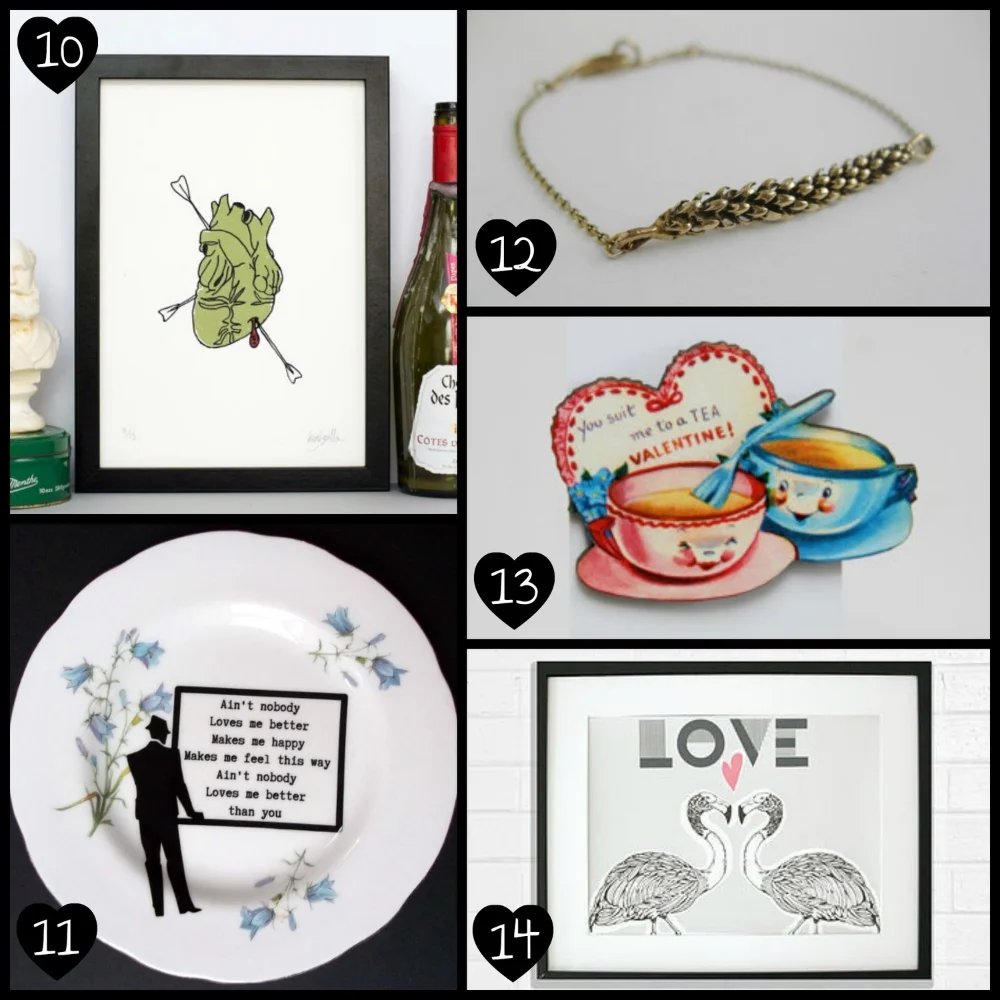 10. Gold Heart Print by Kaylene Alder Illustration, 11. Upcycled Vintage Wellington China Plate by alijoedesigns, 12. Fern Bracelet by We Are Arrow, 13. Vintage Valentine Wooden Brooch by Ladybird Likes, 14. Screen Print by Ginger Line Designs.