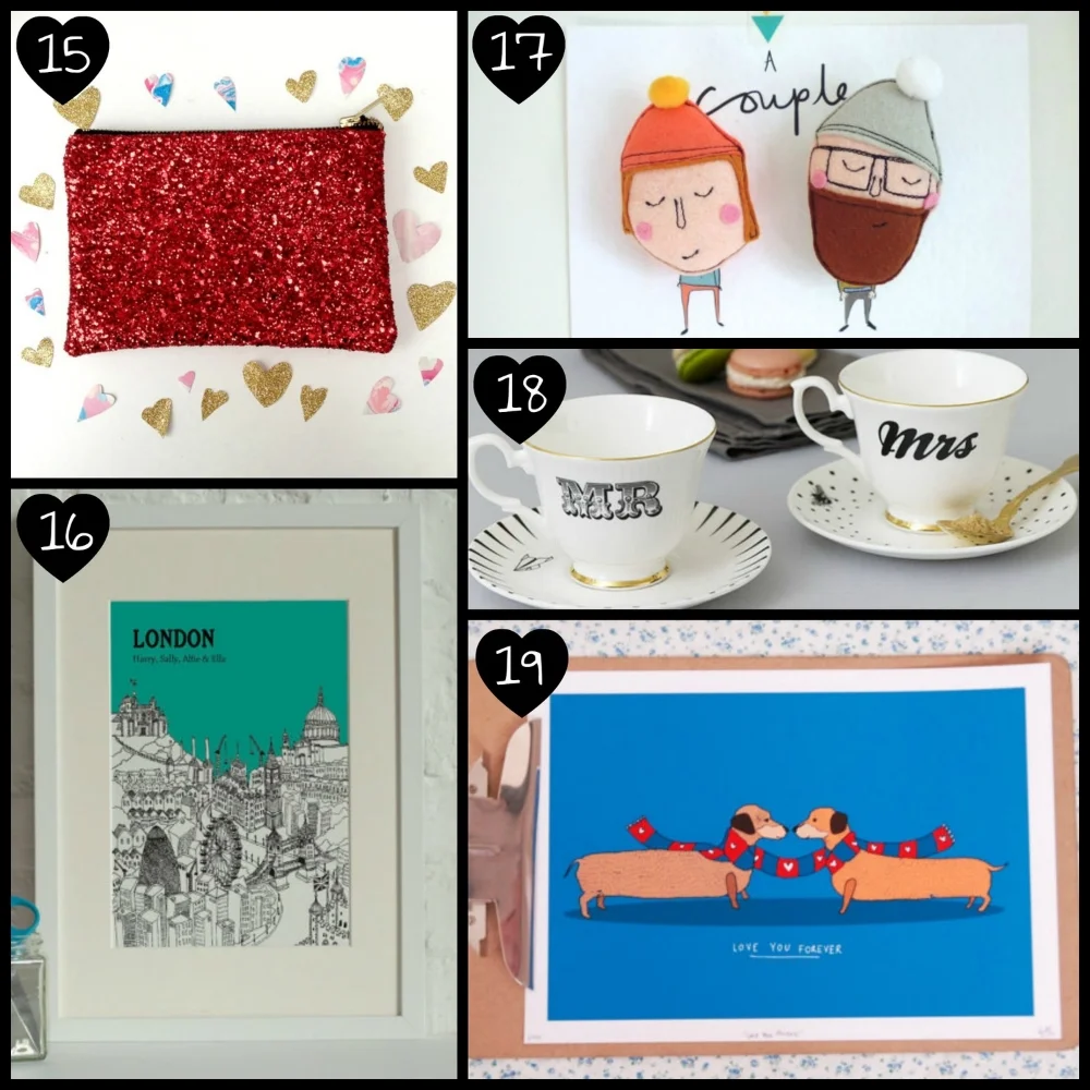 15. Red Valentine's Glitter Party Clutch/Purse/Make-up Bag by Pup Tart Handmade, 16. Personalised City Illustration Digital Print by Tessa Galloway, 17. His & Hers Couples Felt Magnets by Katy Pillinger Designs, 18. Mr & Mrs Teacups Set by Yvonne Ellen, 19. Illustrated Sausage Dog Print by STACIE SWIFT.