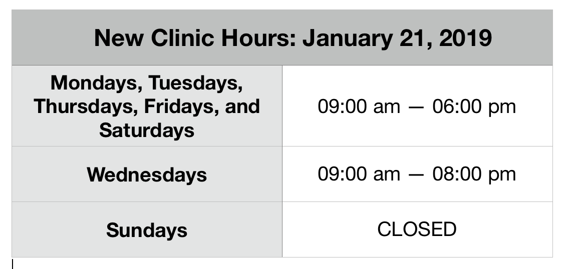 Clinic hours may change in observation of national holidays. please call ahead to schedule an appointment.