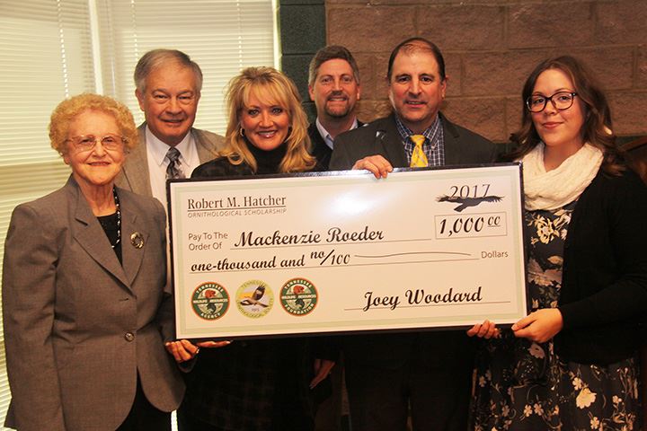 PICTURED FROM LEFT ARE MR. HATCHER’S WIFE, BETTY, TWRA EXECUTIVE DIRECTOR ED CARTER, THE HATCHERS’ DAUGHTER, TERRI HATCHER GOODWIN, THE HATCHERS’ SON, JERRY, TWRA BIRD CONSERVATION COORDINATOR, DAVID HANNI, AND MACKENZIE ROEDER.
