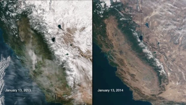 Satellite image comparing snowpack in 2013 and 2014. Credit: NOAA/NASA