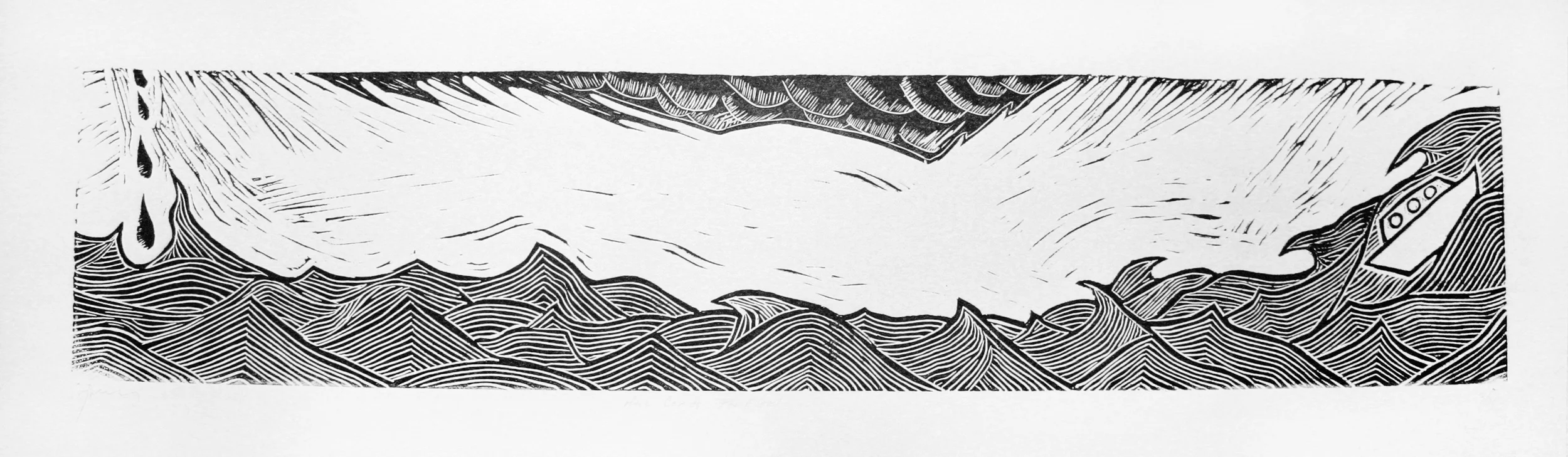 Here Comes the Flood . Linocut on paper, 8.5"x27"
