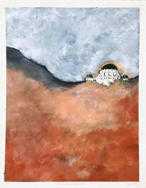 OK LA (Griffith Observatory) . Acrylic, graphite on gessoed BFK paper.