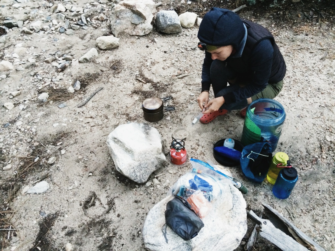  The outdoor kitchen included a bear canister, which must not only be designed to be impenetrable by bears, but unpackable by backpackers. If you're reading this and you have any industrial design skills, there's a market waiting for you to produce a