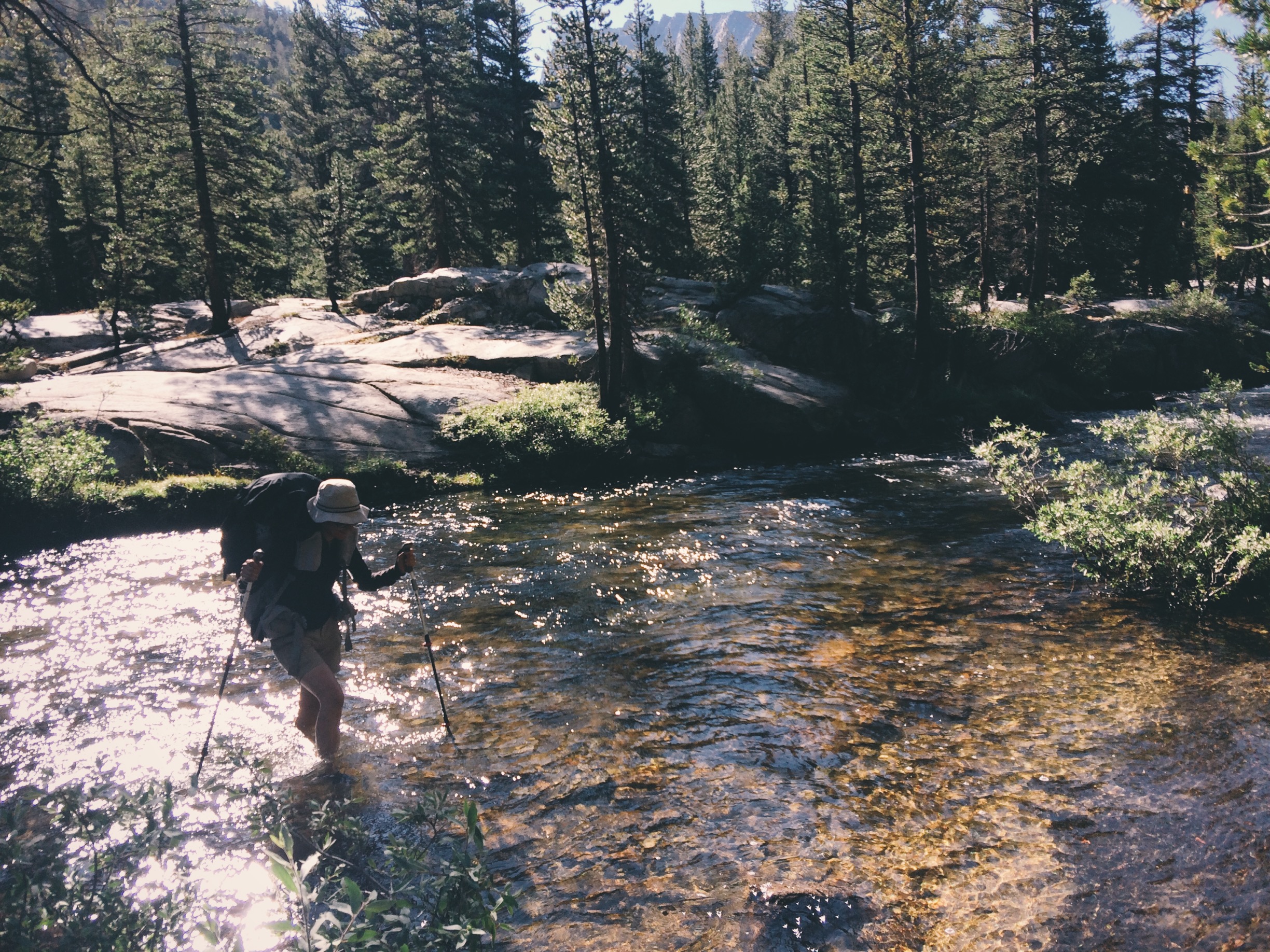  Crossing Bear Creek, one of only two stream crossings on the JMT that required us to change out of our boots during this drought year.&nbsp; 