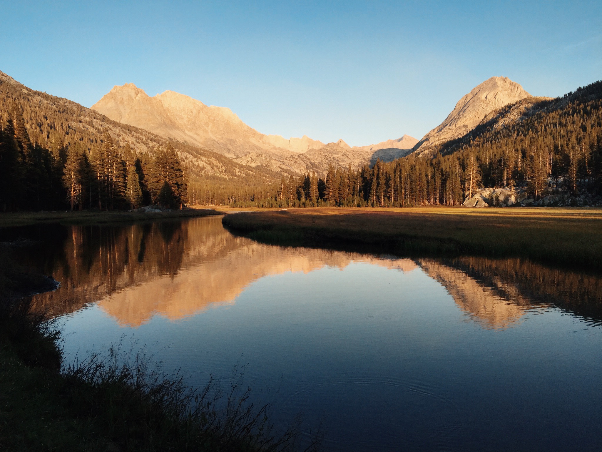  Sunset at McClure Meadow, with The Hermit (12,328') and the Evolution Group peaks reflected in Evolution Creek. 