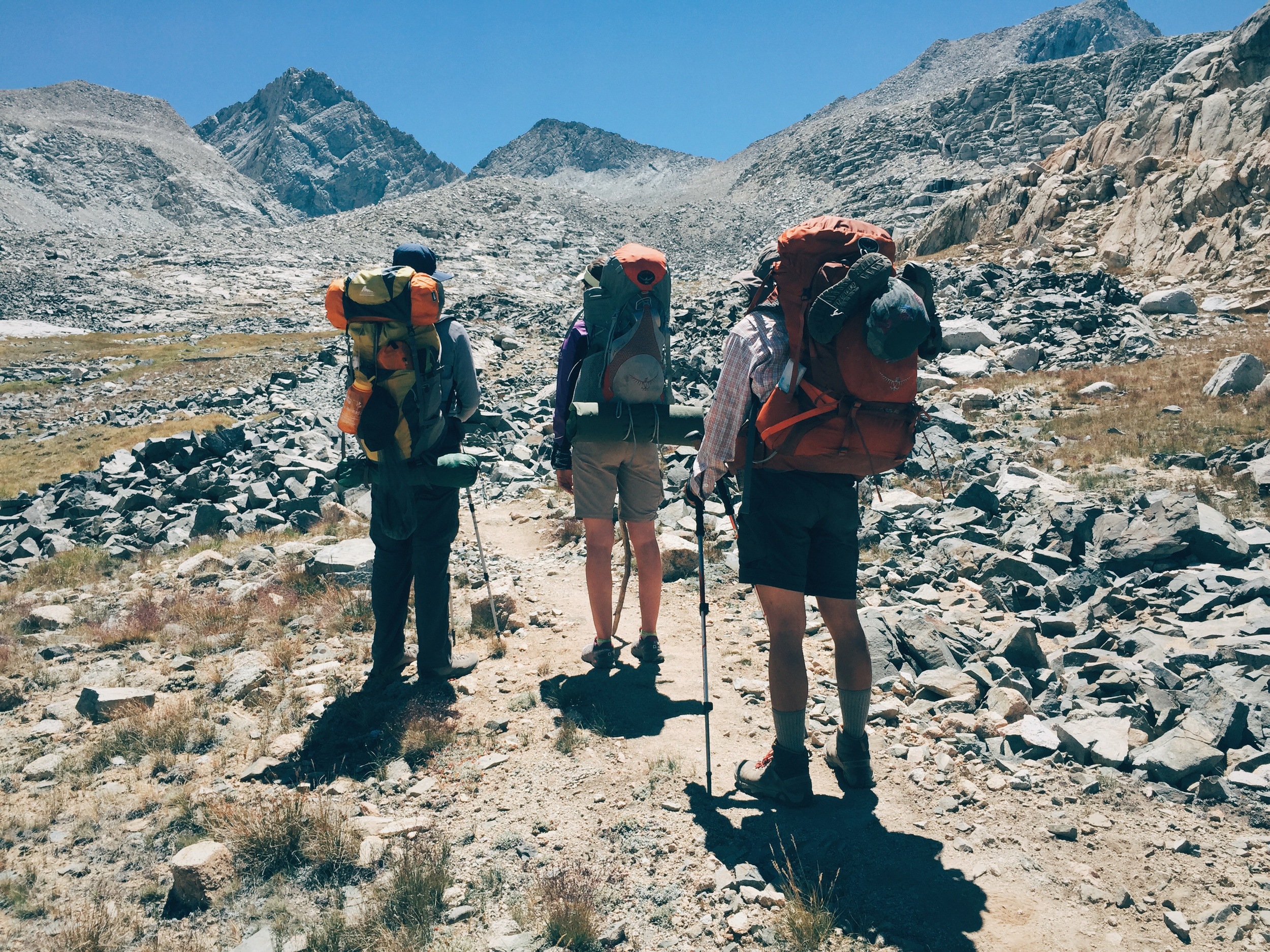  J, Torin and Genevieve looking up toward Forester Pass (13,180'), the last and highest pass of the JMT. 