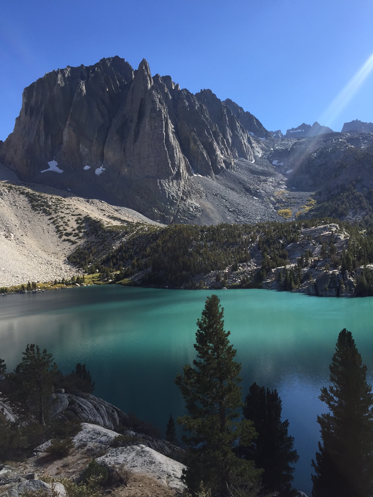 Temple Crag (12,976') towering over the milky-turquoise waters of Second Lake (10,159')