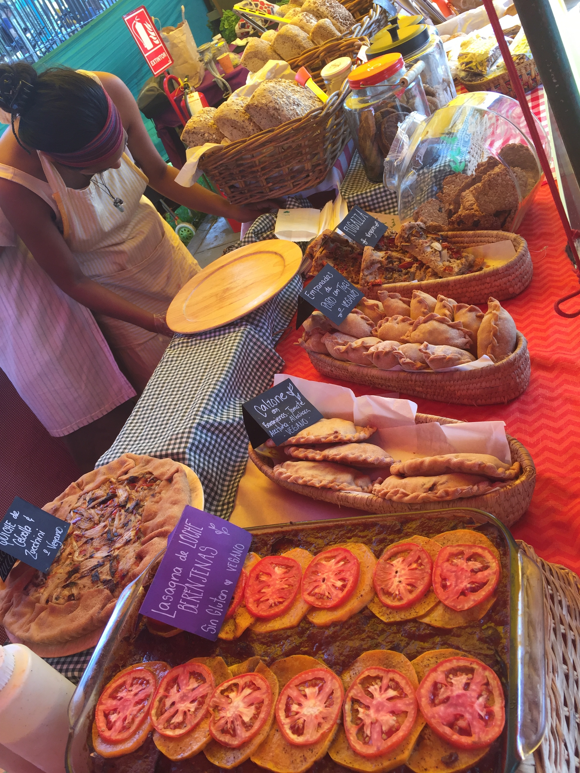 Vegan bakery stand at the Bioferia organic market in Miraflores district.