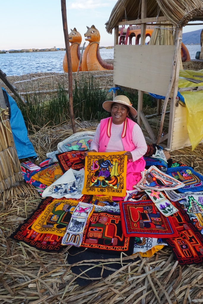  Carmen, our host on the floating island, and her wares.&nbsp; 