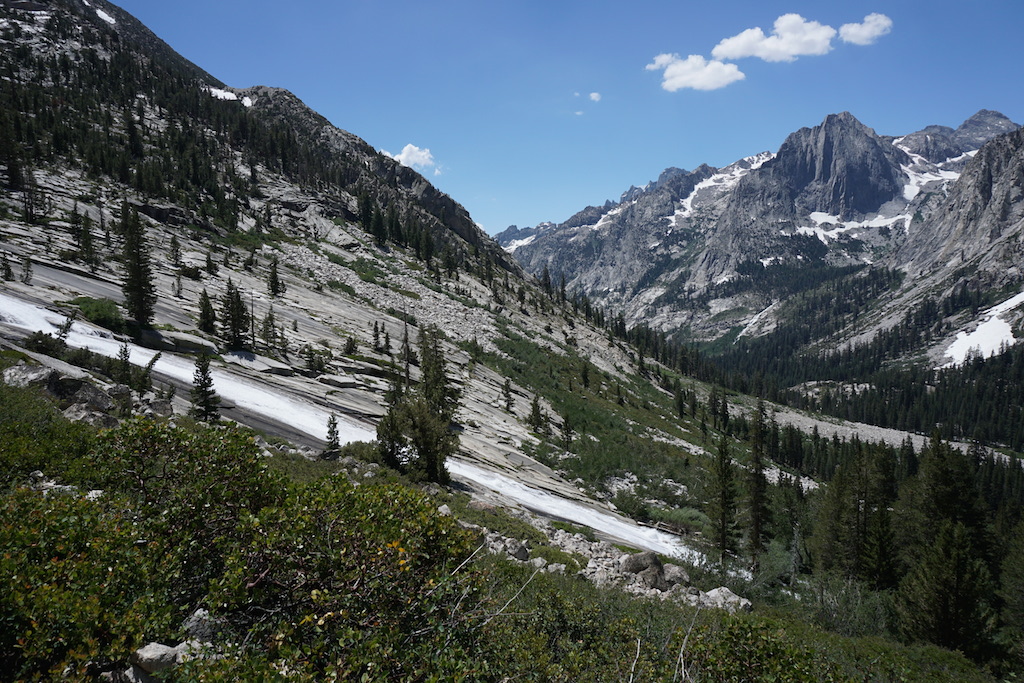 Dusy Creek sliding down the granite toward Le Conte Canyon. 