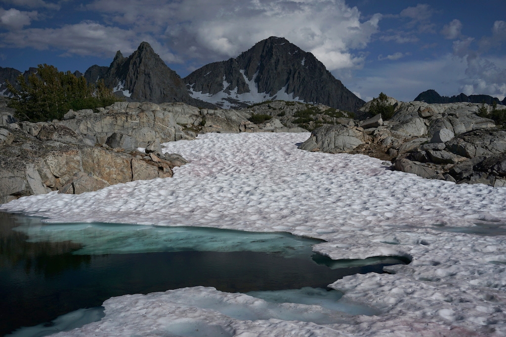  A semi-frozen tarn in Dusy Basin, close to camp. The highest peak is North Palisade, behind which is the Sierra's largest glacier. 