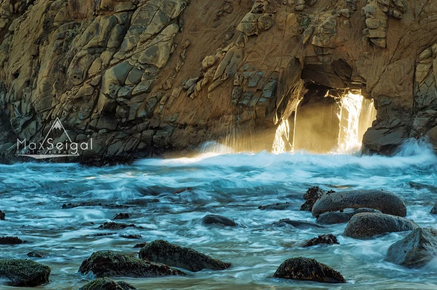 The last light of day shines through a hole in the rock as waves crash all around. This was a really fun location to shoot, I had a blast running around the beach trying to capture the light!