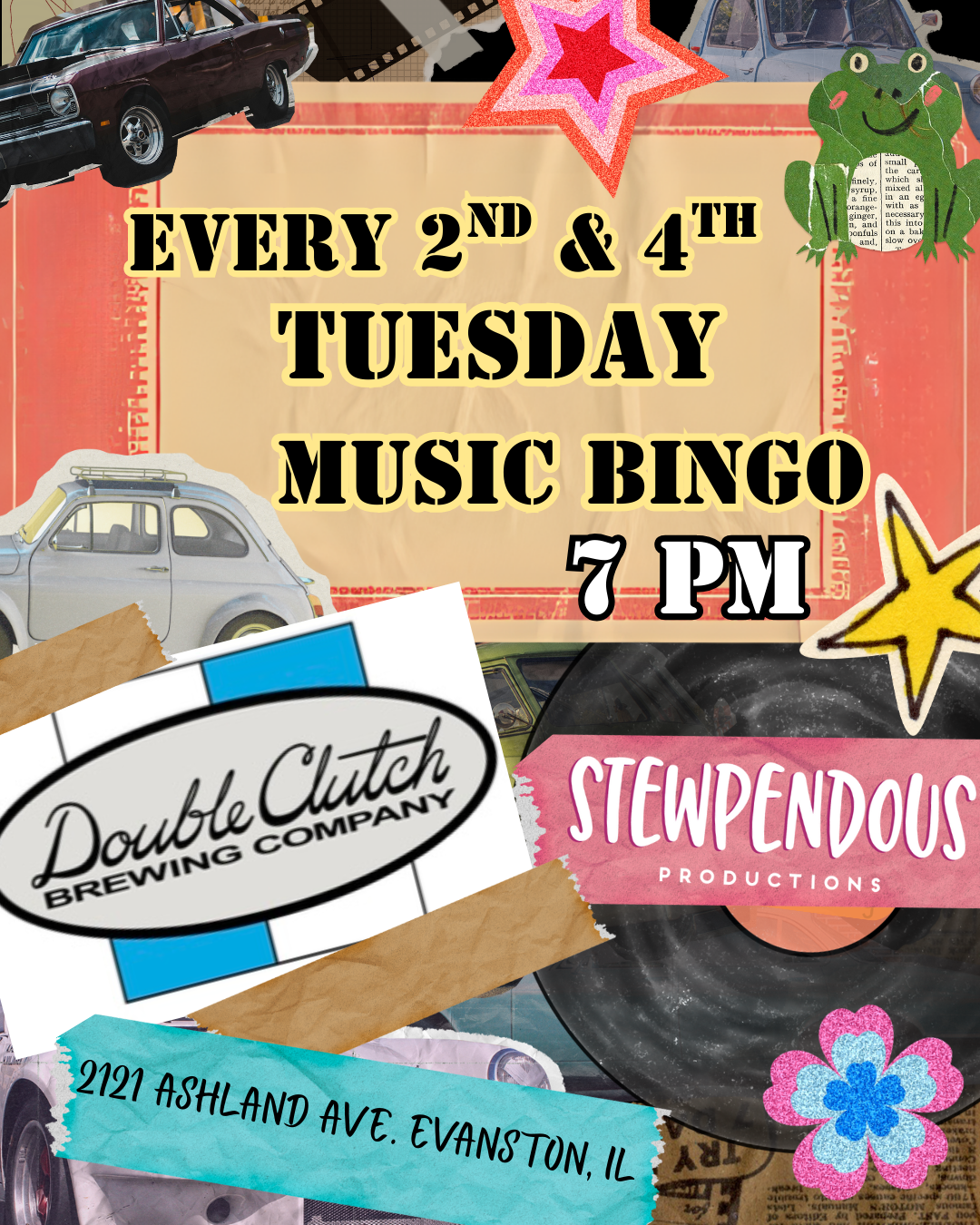 Collage-style poster advertising a music bingo event. The poster features images of vintage cars, stars, a frog, a record, a flower, a brewery logo, and other decorative elements.
