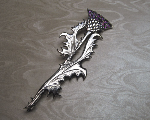 Scottish Thistle Kilt Pin Silver Brushed Antique Finish 4" Celtic Pin & Brooch
