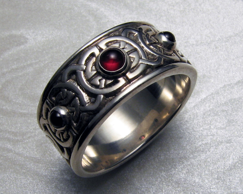 8-mm wide, Celtic wedding ring with garnets, 8th to 9th century Celtic knot-work.