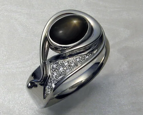 Fluid, organic, freeform ladies ring with black star sapphire. FF-Cu-1070