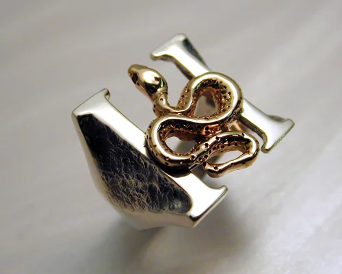 Headstones Ring - Large 22mm, Sterling H with 14k yellow gold snake, rubies set as eyes.