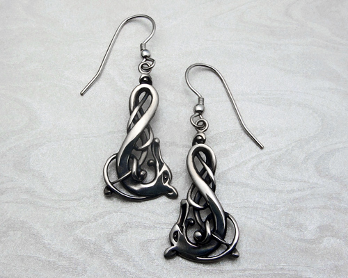 Viking Dragon, Hanging Earrings in 14k White Gold