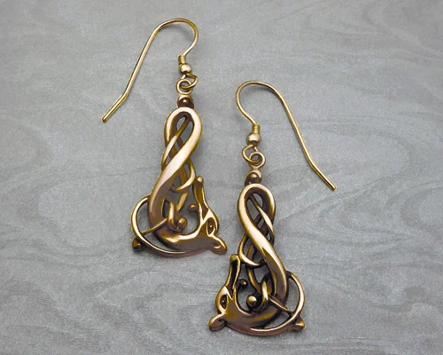 Viking Dragon, Hanging Earrings in 18k Yellow Gold