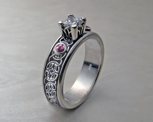 Celtic engagement ring, with princess cut diamond.