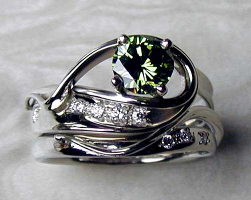 Green diamond engagement ring set.