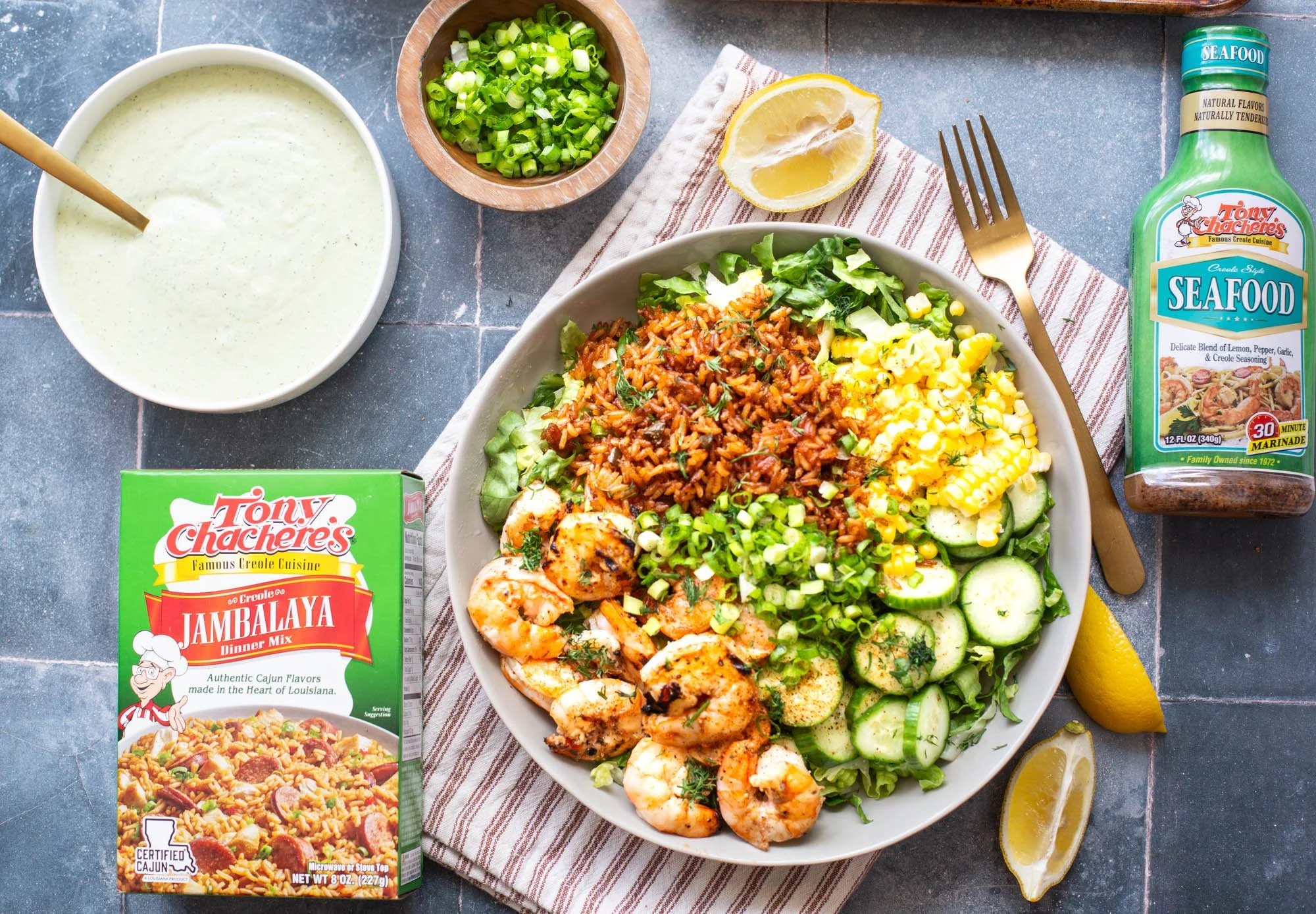 Fresh Cajun shrimp salad served in a large bowl for an easy summer lunch or dinner.