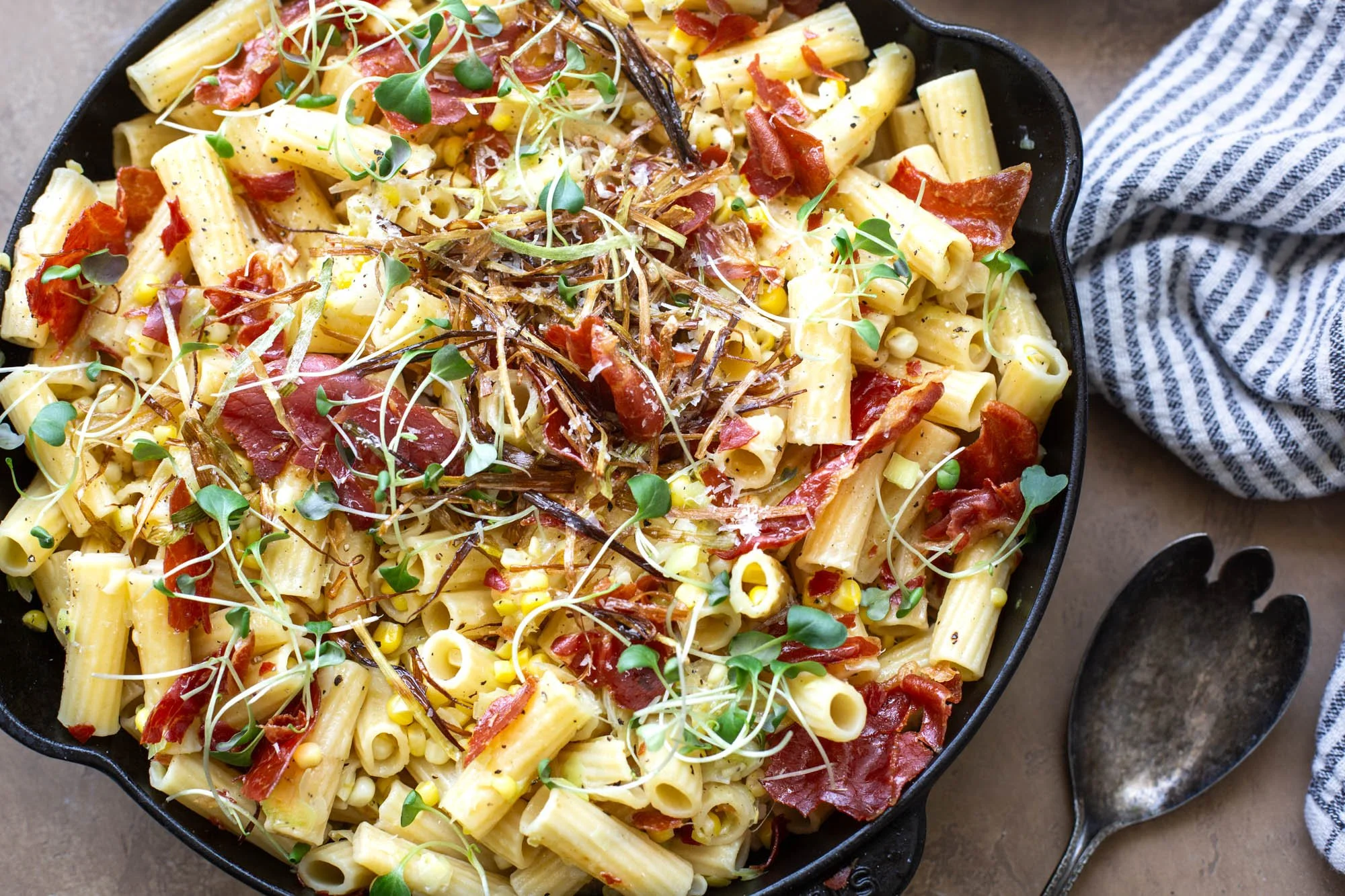 Sweet corn pasta with leeks two ways.