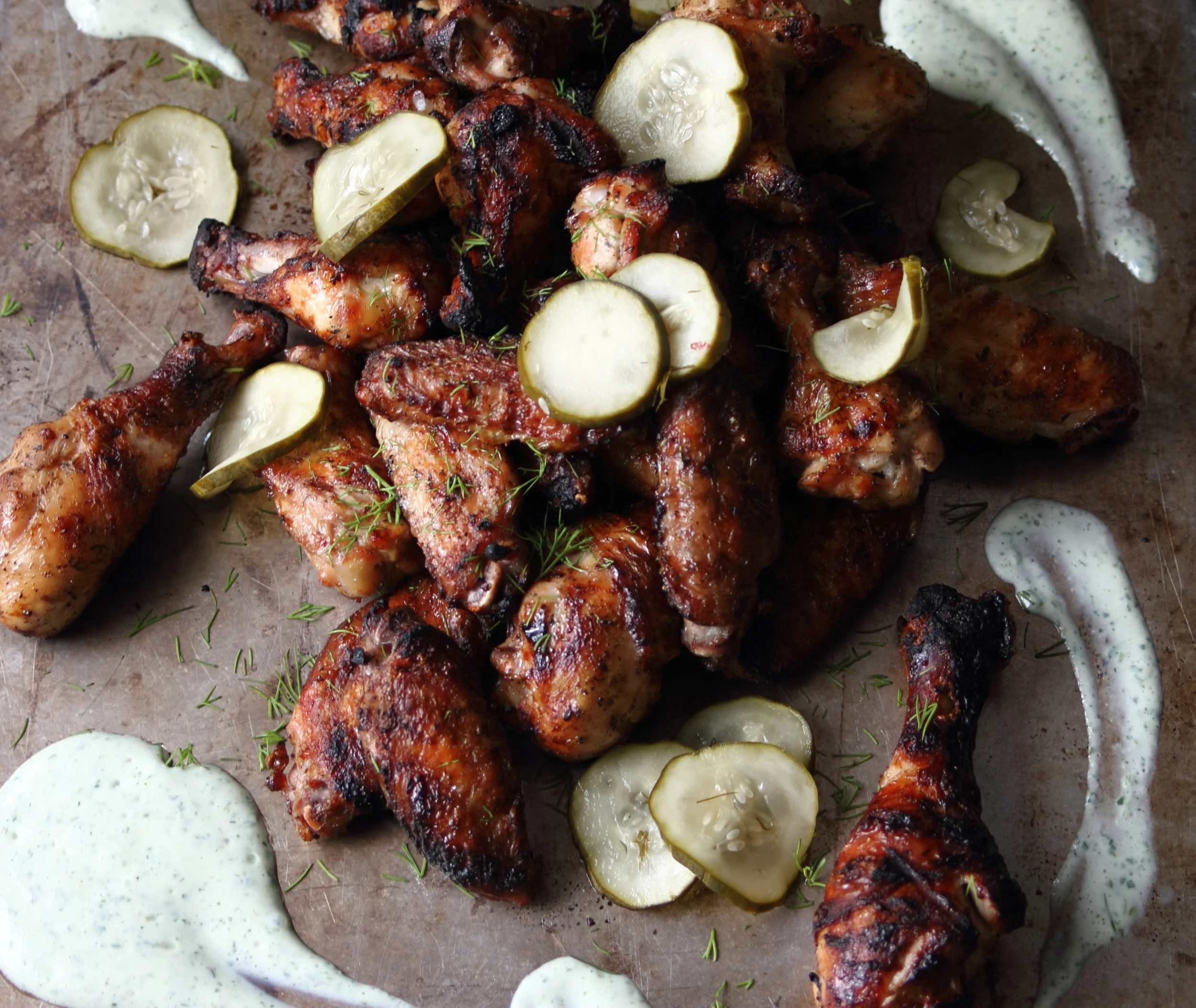 Grilled Pickle Chicken Wings with Greek Yogurt Ranch 