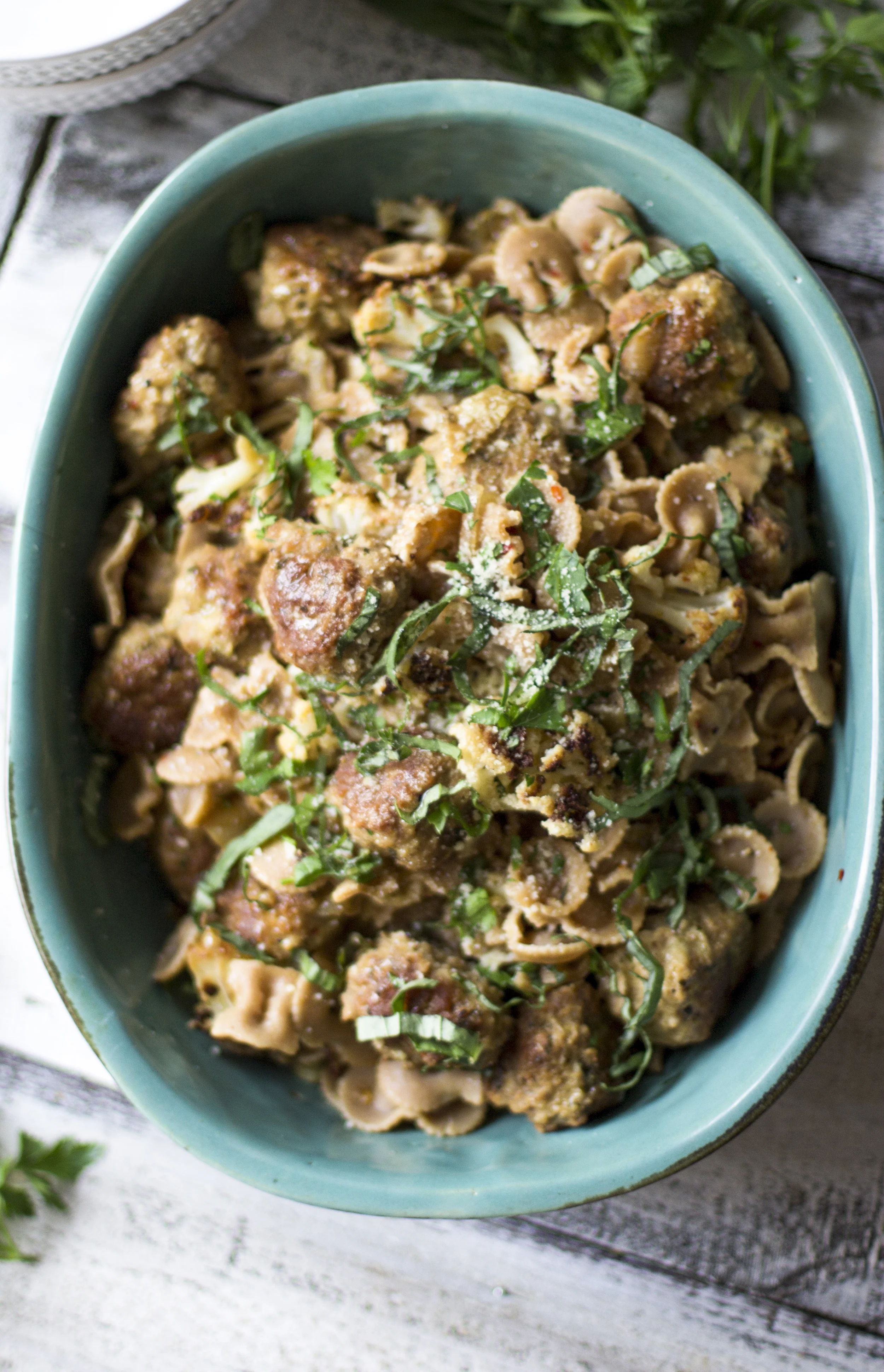 Roasted Cauliflower and Whole Wheat Pasta with Pork Meatballs