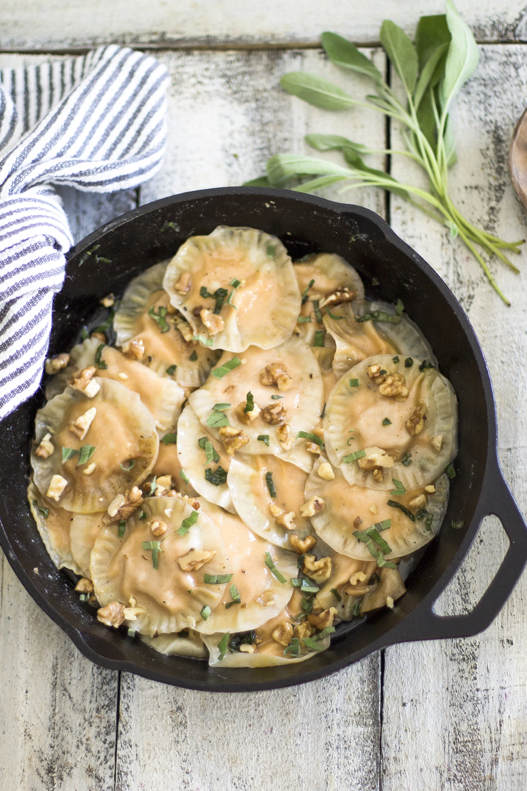 Brown Butter and Sage Pumpkin Ravioli with Walnuts