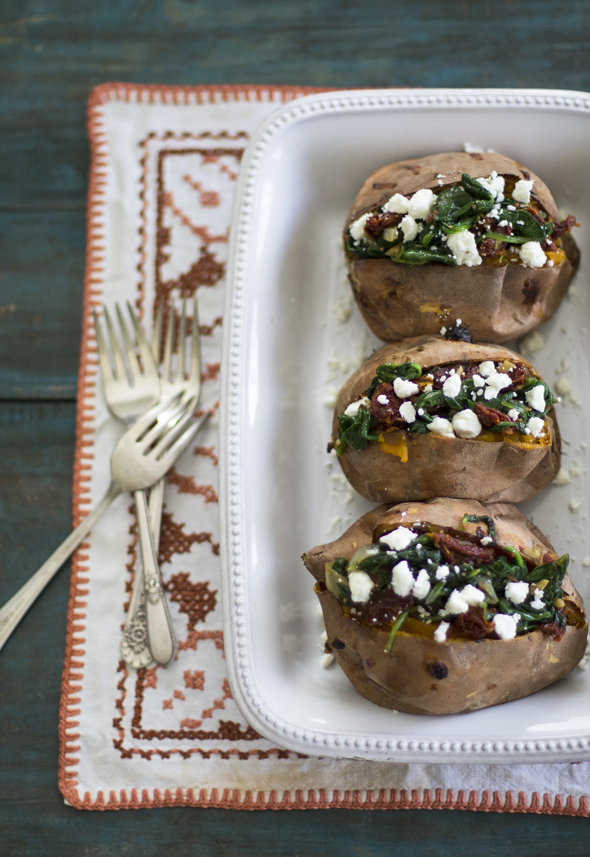 Spinach,  Sun-Dried Tomato, and Goat Cheese Stuffed Sweet Potatoes